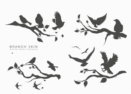 figure set flock flying birds on tree branchのイラスト素材