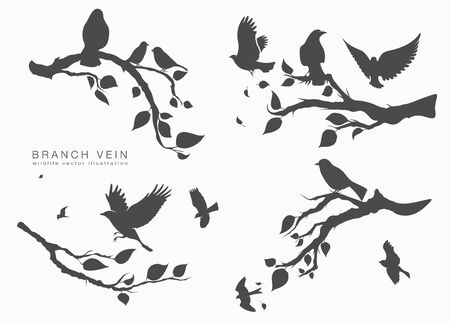 figure set flock of birds on tree branchのイラスト素材