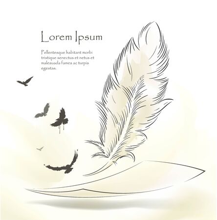 writing old feather with flying birdsのイラスト素材