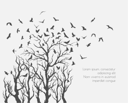 figure set flock of flying birds on tree branchのイラスト素材