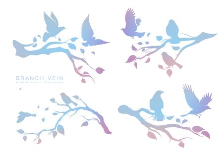 figure set multicolored flock of flying birds on tree branchのイラスト素材