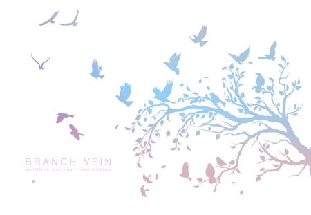figure set multicolored flock of flying birds on tree branchのイラスト素材
