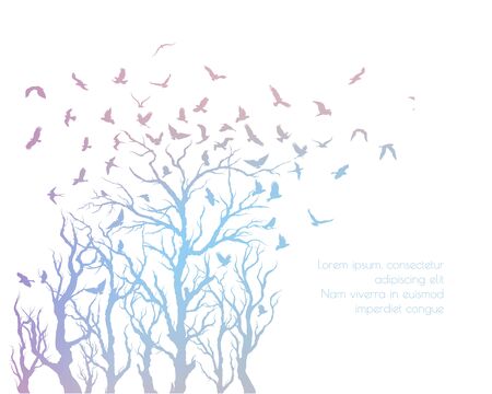 figure set multicolored flock of flying birds on tree branchのイラスト素材