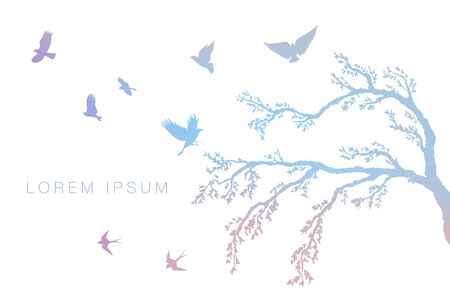 figure set multicolored flock of flying birds on tree branchのイラスト素材