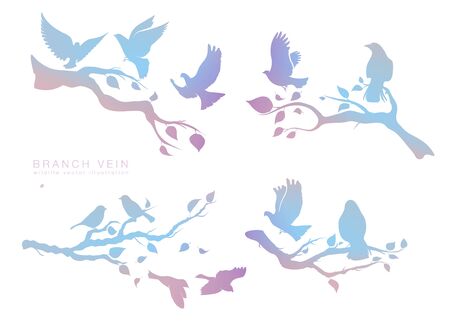 figure set multicolored flock of flying birds on tree branchのイラスト素材