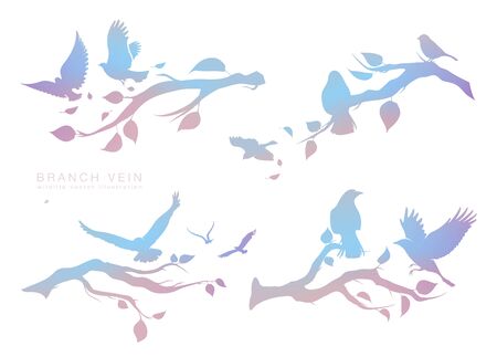 figure set multicolored flock of flying birds on tree branchのイラスト素材