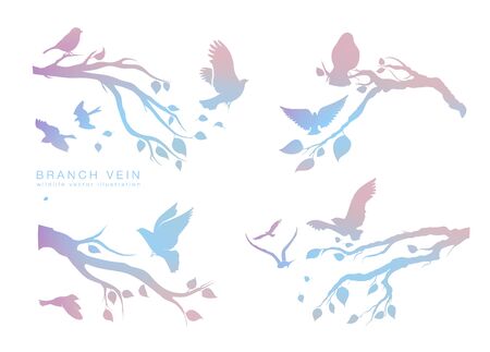 figure set multicolored flock of flying birds on tree branchのイラスト素材