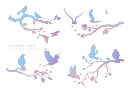 figure set multicolored flock of flying birds on tree branchのイラスト素材