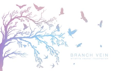 figure set multicolored flock of flying birds on tree branchのイラスト素材
