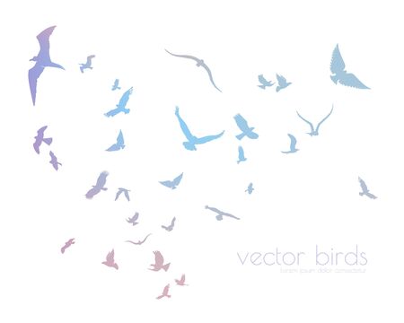 figure set multicolored flock of flying birds on tree branchのイラスト素材
