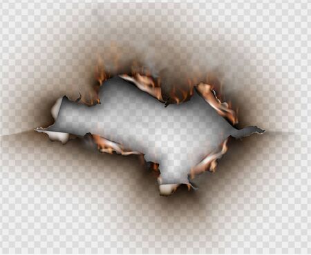 Hole set torn in ripped paper with burnt flame on transparentのイラスト素材
