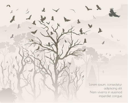 figure flock of flying birds on tree branch. Vector illustrationのイラスト素材