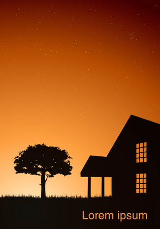 illustration of a house with a tree at sunset. Vector illustrationのイラスト素材
