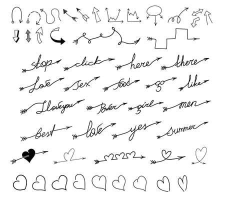 Set of arrows with inscriptions, text and hearts. Vector illustrationのイラスト素材