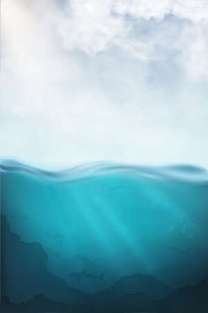realistic underwater vector with shark, diver and seaのイラスト素材