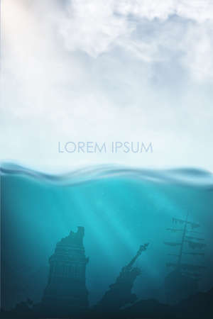 realistic underwater vector with shark, diver and seaのイラスト素材