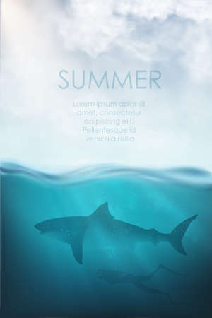 realistic underwater vector with shark, diver and seaのイラスト素材