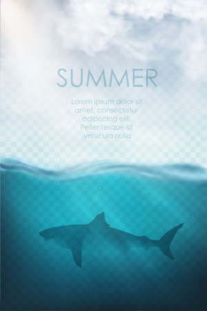 realistic underwater vector with shark, diver and seaのイラスト素材
