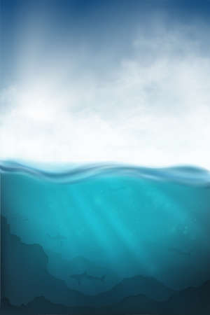 realistic underwater vector with shark, diver and seaのイラスト素材