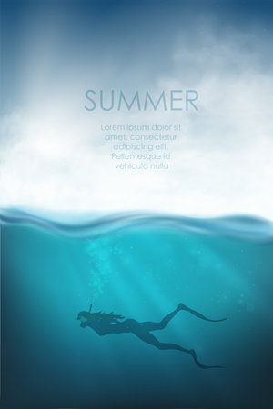 realistic underwater vector with shark, diver and seaのイラスト素材