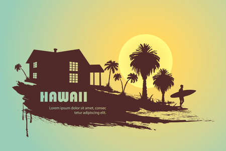 surfer with palm trees and spot for text. Vector illustrationのイラスト素材