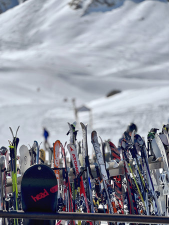 ski resort ski parkedの写真素材