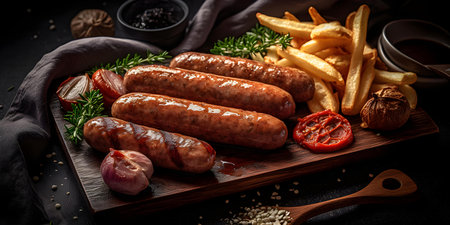 Grilled sausages with french fries and vegetables on wooden boardの素材