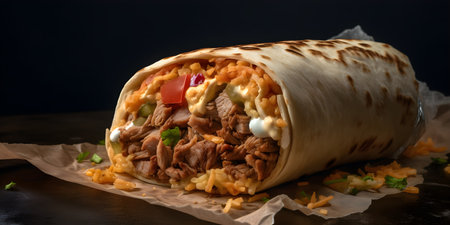 Tortilla wrap with meat, vegetables and cheese on black backgroundの素材