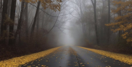 Autumn road in foggy forest, panoramic view.の素材