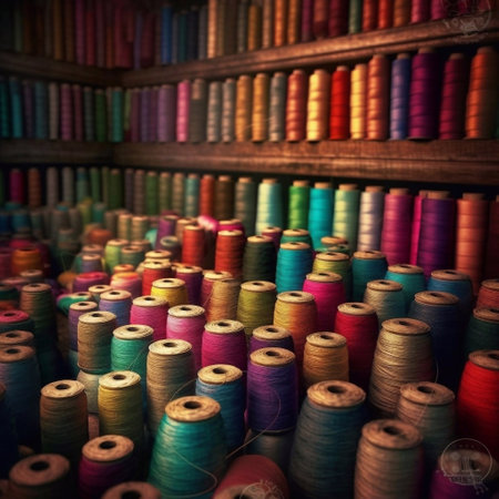 Colorful sewing threads in a bobbins in a textile factoryの素材