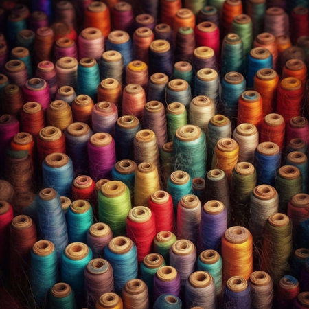 Colorful thread spools for embroidery, closeup of photoの素材