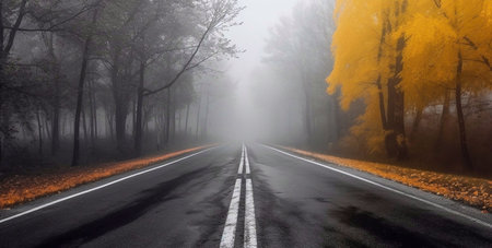 Foggy road in the autumn forest with yellow trees and fogの素材