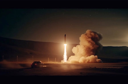 Rocket taking off from the ground in the desert at sunset. 3d renderingの素材