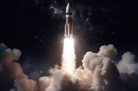 Rocket launch into space. Start up business concept. selective focus.の素材
