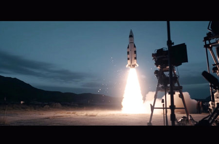 Space rocket taking off from the ground at sunset. 3d renderingの素材