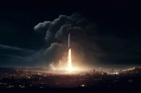 Rocket taking off from the city at night.の素材
