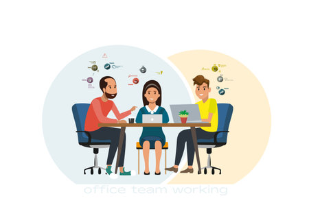 Flat vector illustration of diverse office team working together on a projectのイラスト素材