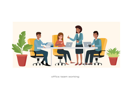 Flat vector illustration of diverse office team working together on a projectのイラスト素材