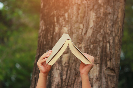 Little Boy with book siting under the big tree, selective soft focus.の写真素材