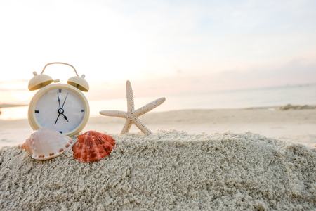Beach sand with shells and starfish, alarm clock, Summer concept with sandy beach. Cozy seaside morning.の写真素材