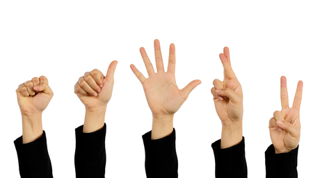 Collection hand of businessman showing various signs and symbols isolated on white, use clipping path.の写真素材