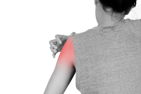 Women scratching shoulder from having itching with hand - isolated on white background with clipping path.の写真素材