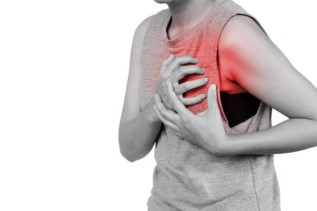 Inflammation colored in red suffering. woman clutching his chest from acute pain, Heart attack symptom. Healthcare and health insurance concept - isolated on white background with clipping path.の写真素材