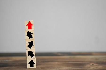 Wood block stacking as step stair and coins stacked, business growth to success.Startup concepts with business strategy symbols on wooden cubes - Risk management.の写真素材