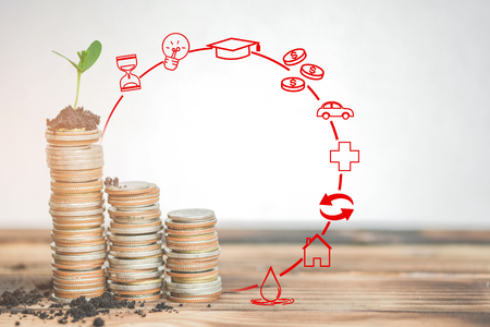 money stack step up growing growth saving money with business strategy symbols, ideas about saving money for future use - business success concept.の写真素材