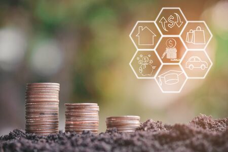 money stack step up growing growth saving money with icons about business strategy on image, ideas about saving money for future use - business success concept.の写真素材