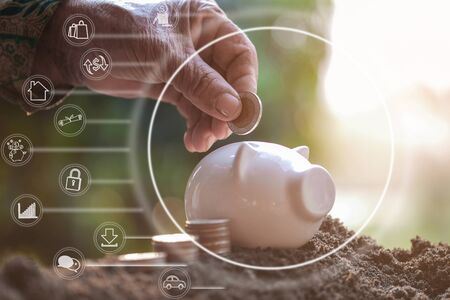 money stack step up growing growth saving money with icons about business strategy on image, ideas about saving money for future use - business success concept.の写真素材
