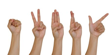 Collection hand of businessman showing various signs and symbols isolated on white, use clipping path.の写真素材