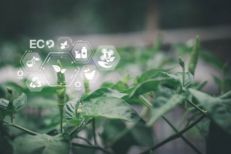 Sustainable energy with Alternative medicine icon on blurred gentle artistic nature background, Environmental and Ecology concept. AI Futuristic Smart virtual screen interface. Free space for text.の写真素材