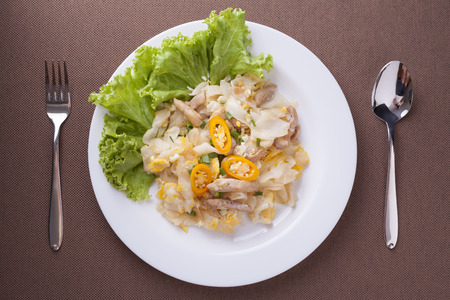 Fried noodle with chicken in white dish, delicious food for dinner.の写真素材